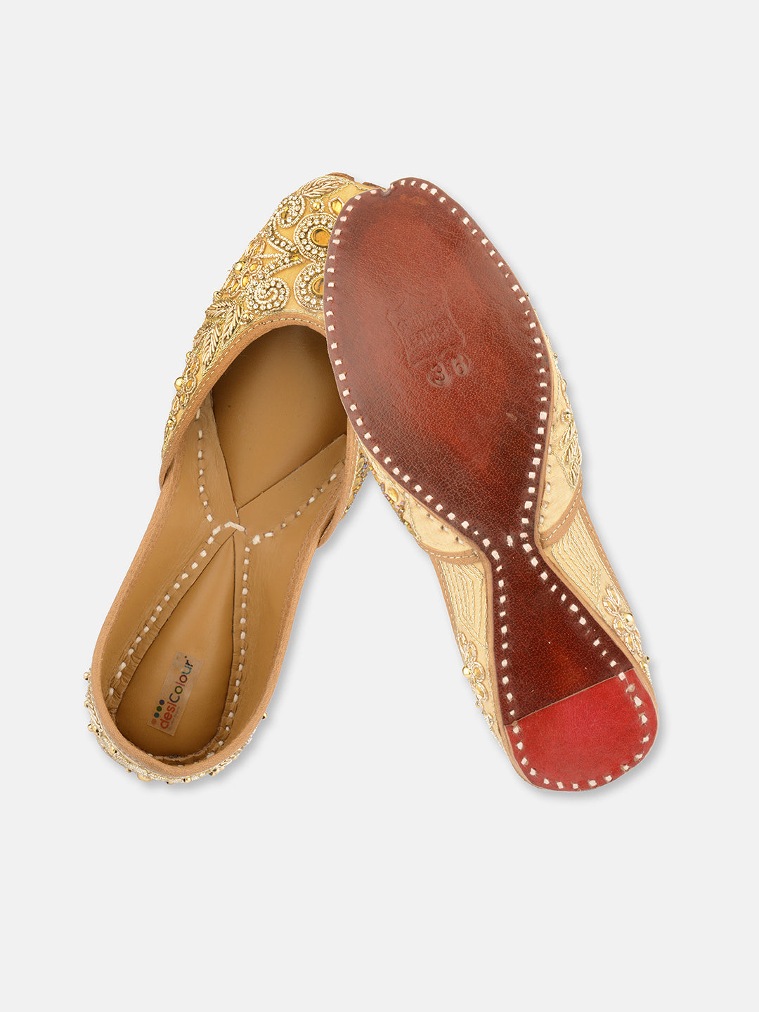 DESI COLOUR Women Gold-Toned Embellished Leather Ethnic Mojaris Flats