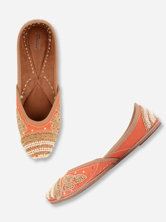 DESI COLOUR Women Orange Striped Leather Ethnic Mojaris Flats