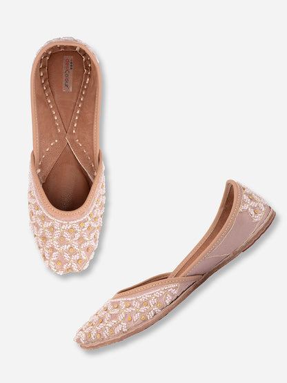 DESI COLOUR Women Pink Embellished Leather Ethnic Mojaris Flats