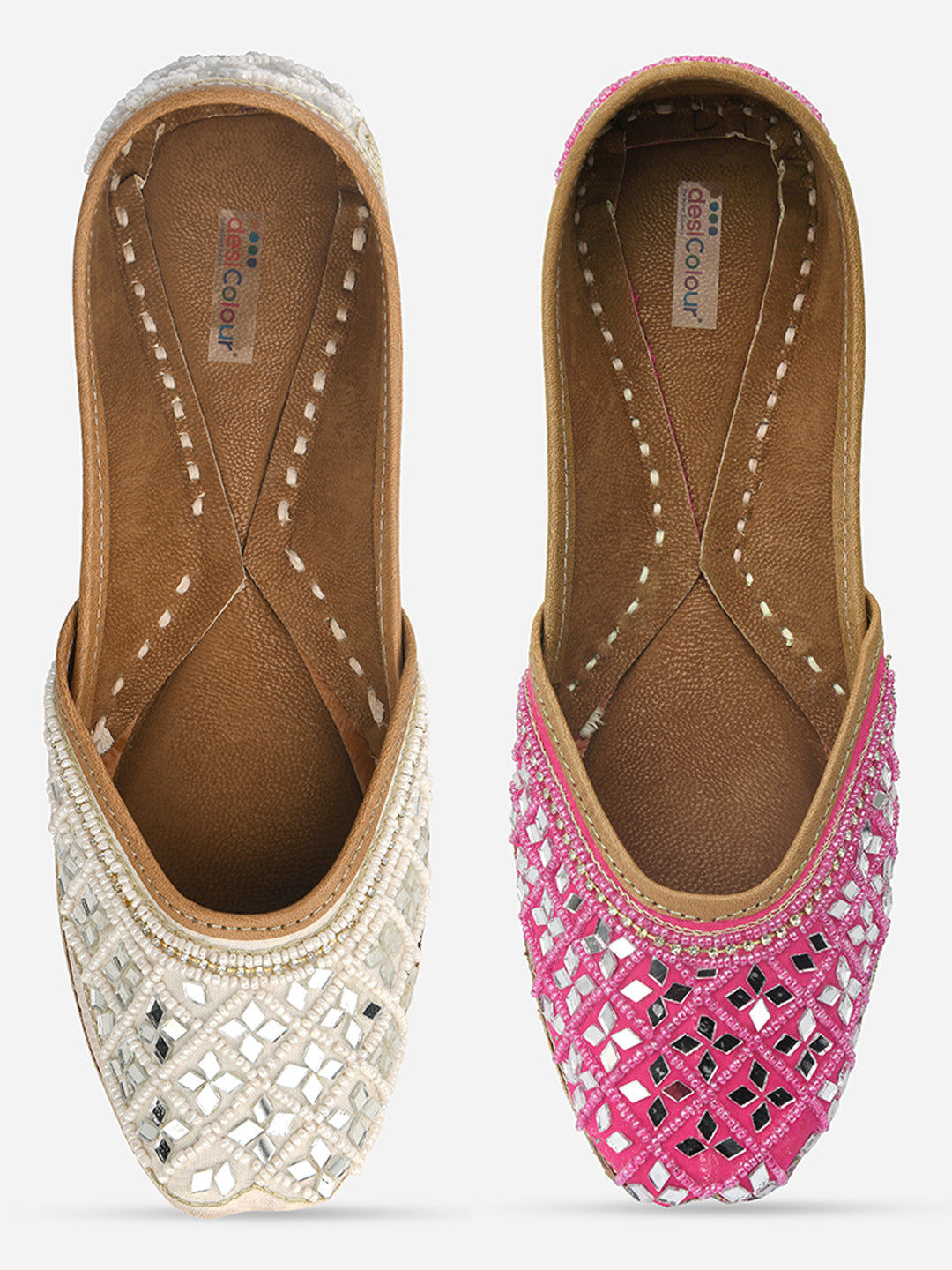 DESI COLOUR Women White Embellished Leather Ethnic Mojaris Flats