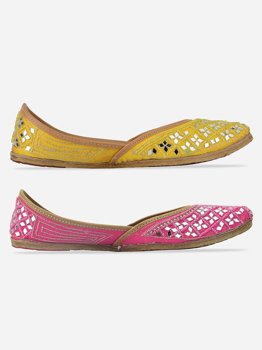 DESI COLOUR Women Pink Embellished Leather Ethnic Mojaris Flats