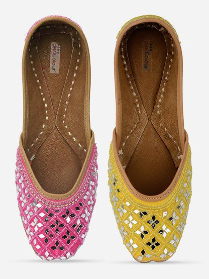 DESI COLOUR Women Pink Embellished Leather Ethnic Mojaris Flats