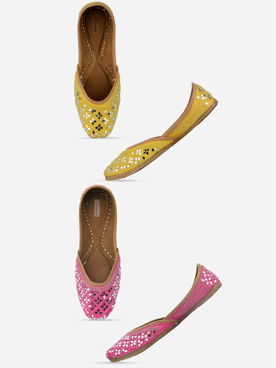 DESI COLOUR Women Pink Embellished Leather Ethnic Mojaris Flats