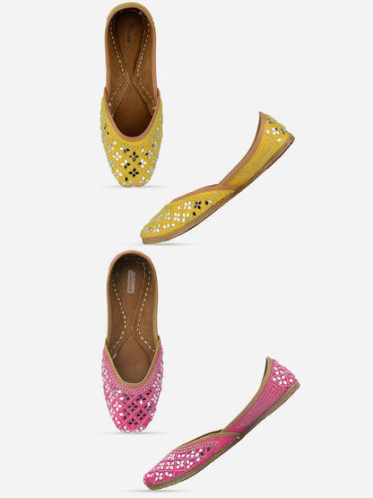 DESI COLOUR Women Pink Embellished Leather Ethnic Mojaris Flats
