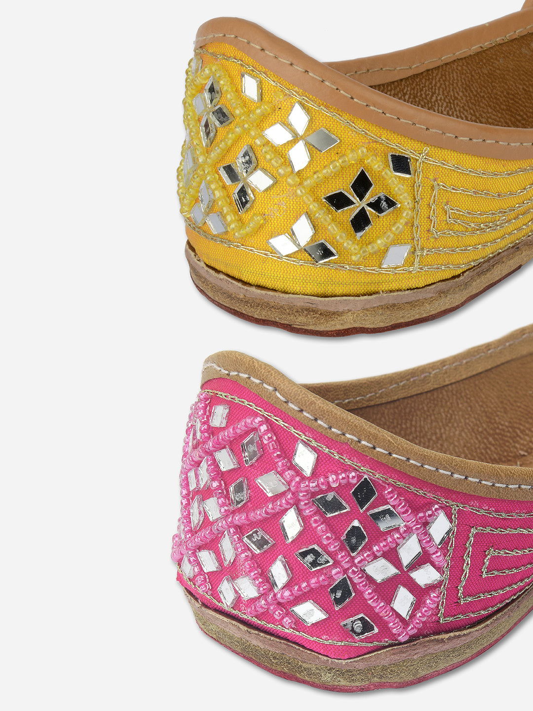 DESI COLOUR Women Pink Embellished Leather Ethnic Mojaris Flats