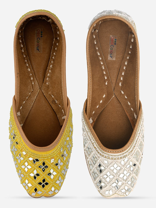 DESI COLOUR Women White Embellished Leather Ethnic Mojaris Flats
