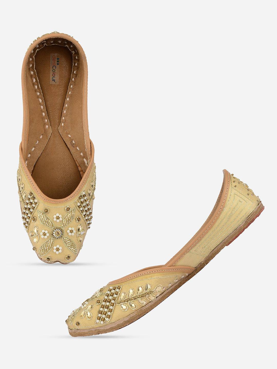 DESI COLOUR Women Gold-Toned Ethnic Embellished Leather Mojaris Flats