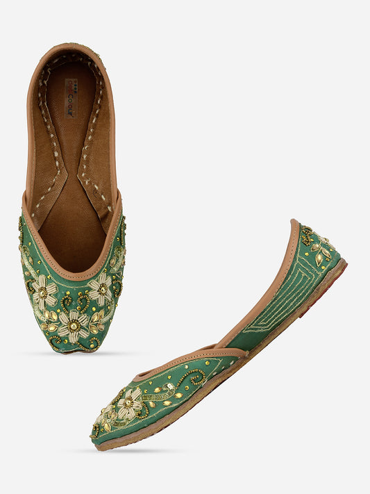 DESI COLOUR Women Green Woven Design Leather Ethnic Mojaris Flats