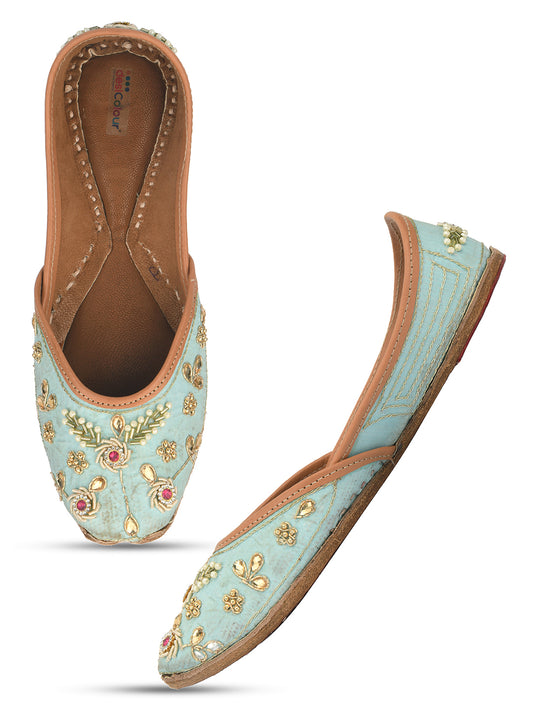 DESI COLOUR Women Turquoise Blue Embellished Leather Ethnic Mojaris Flats