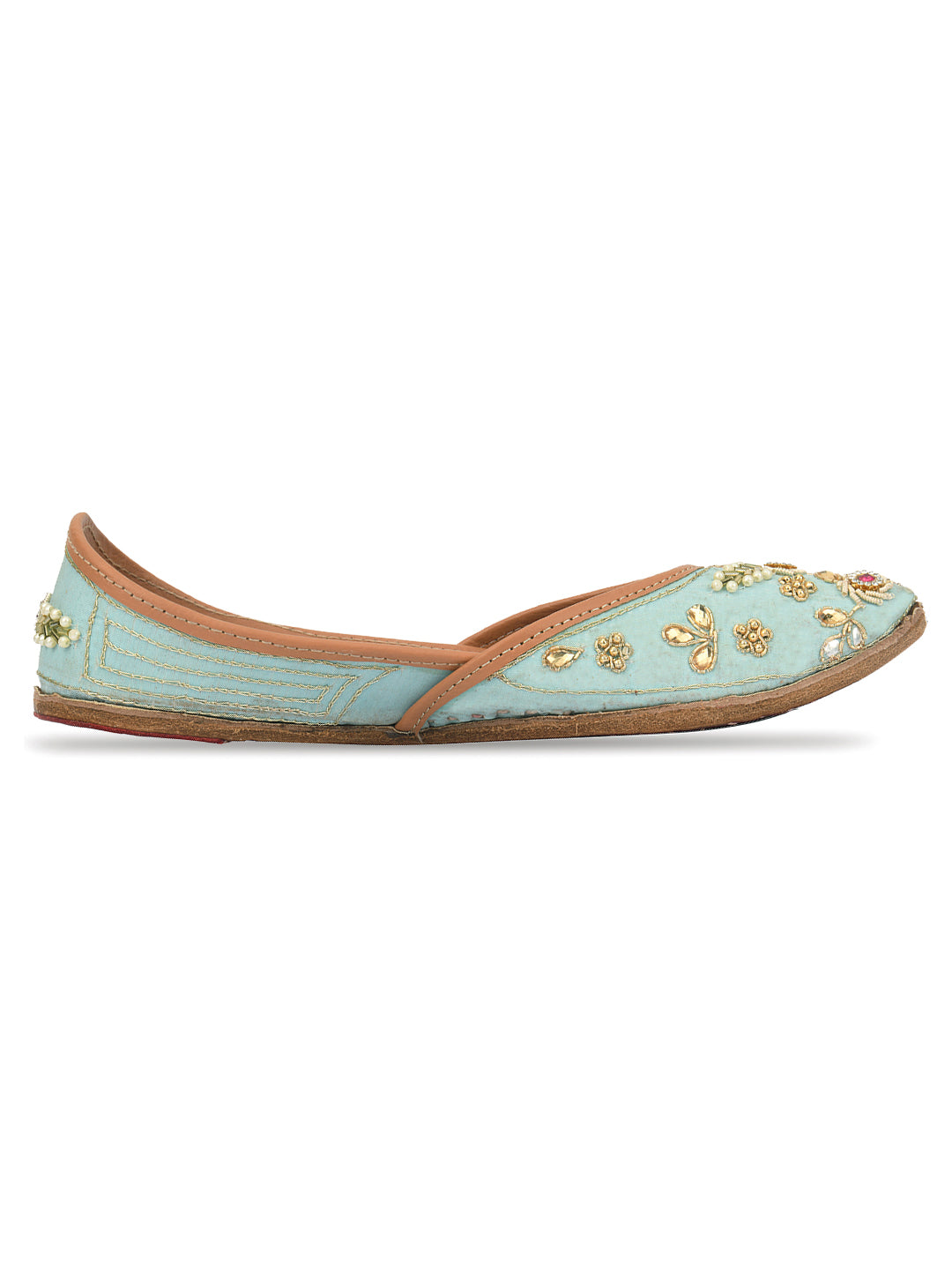 DESI COLOUR Women Turquoise Blue Embellished Leather Ethnic Mojaris Flats
