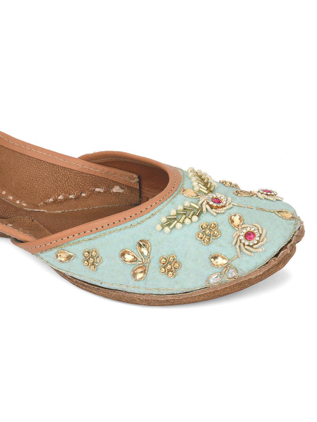DESI COLOUR Women Turquoise Blue Embellished Leather Ethnic Mojaris Flats