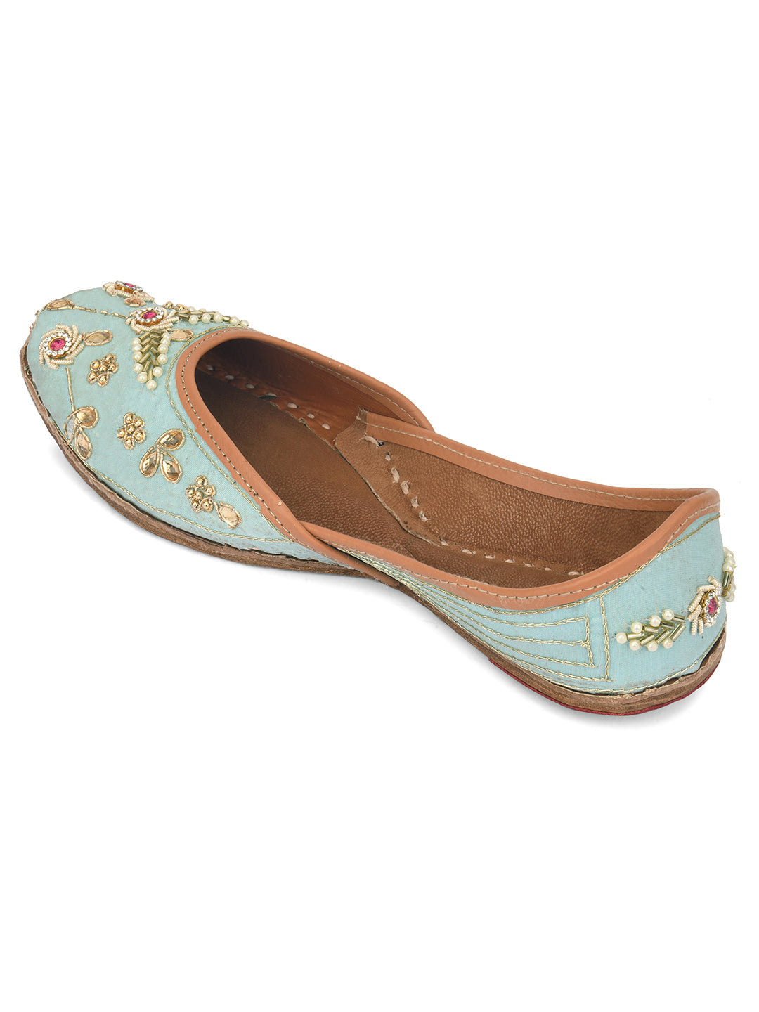 DESI COLOUR Women Turquoise Blue Embellished Leather Ethnic Mojaris Flats