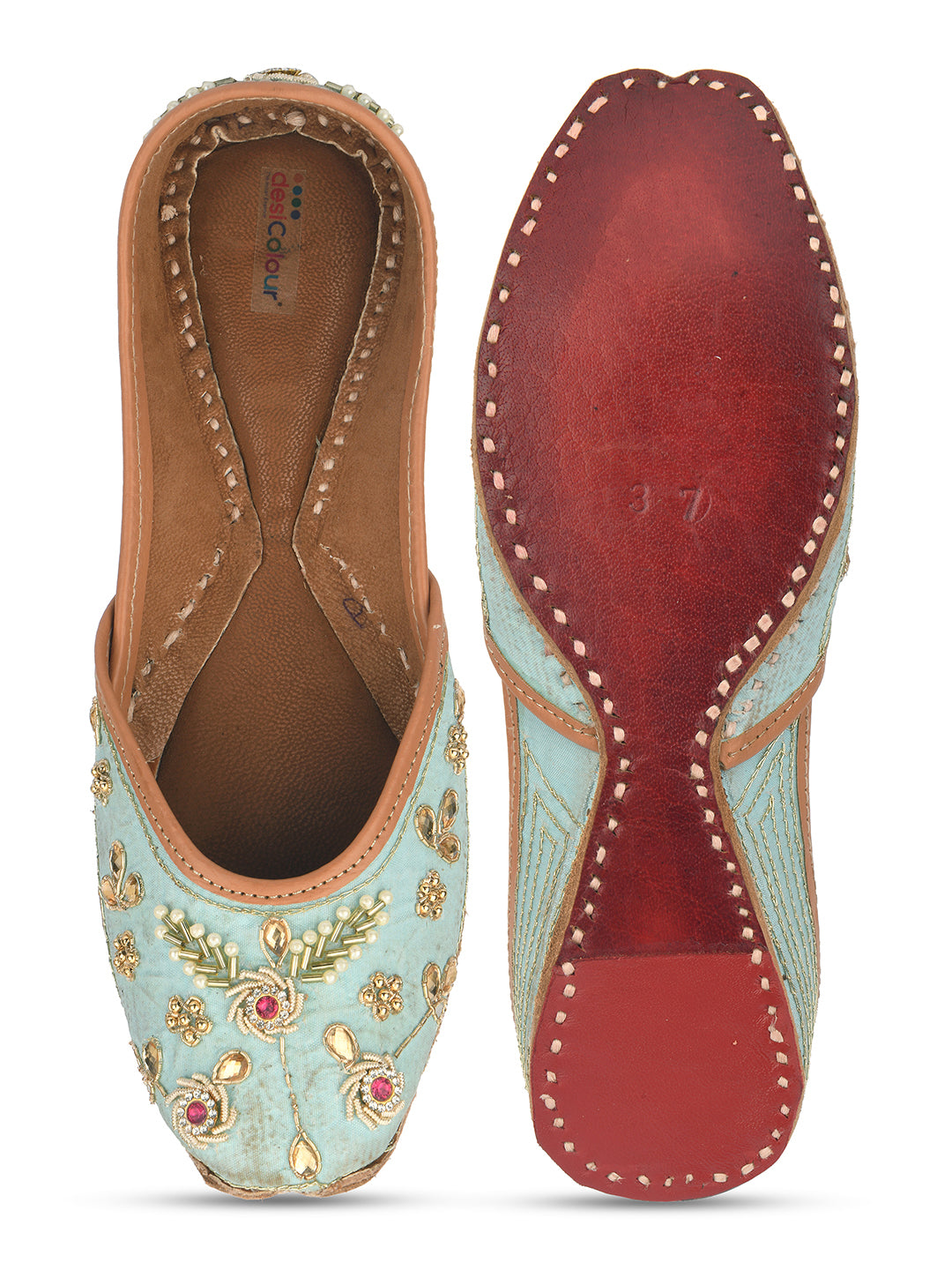 DESI COLOUR Women Turquoise Blue Embellished Leather Ethnic Mojaris Flats