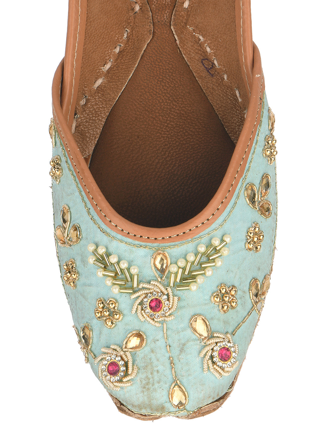 DESI COLOUR Women Turquoise Blue Embellished Leather Ethnic Mojaris Flats