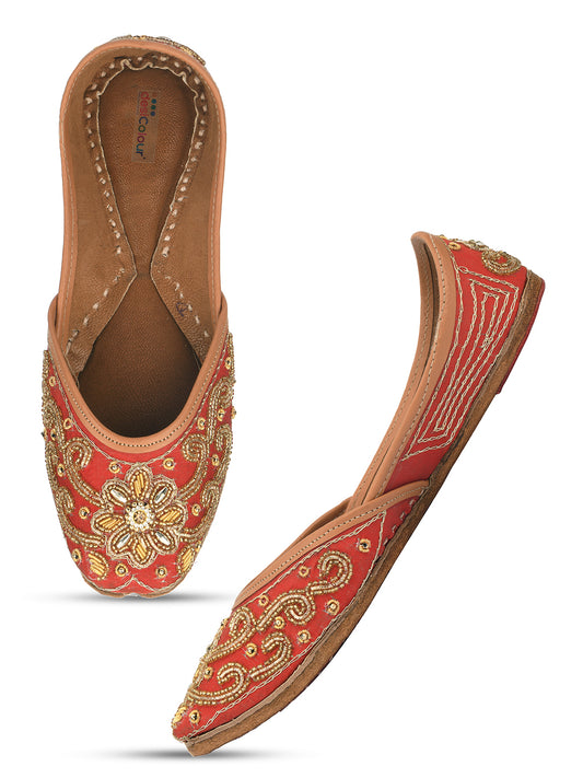 DESI COLOUR Women Red Embellished Leather Ethnic Mojaris Flats