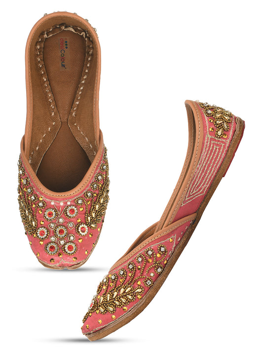 DESI COLOUR Women Peach-Coloured Embellished Leather Ethnic Mojaris Flats