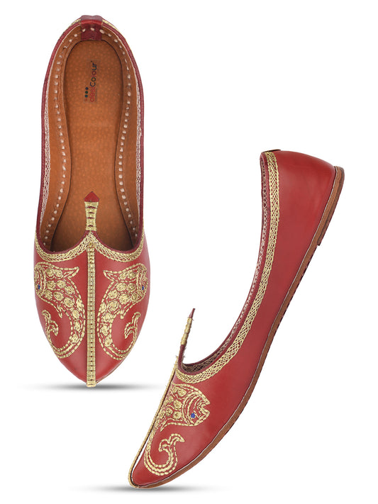 DESI COLOUR Women Red Embellished Leather Ethnic Mojaris Flats