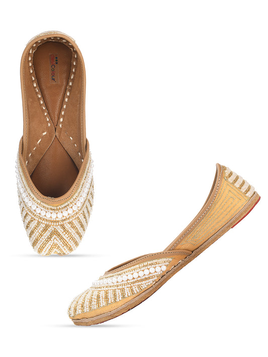 DESI COLOUR Women Gold-Toned Embellished Leather Ethnic Mojaris Flats