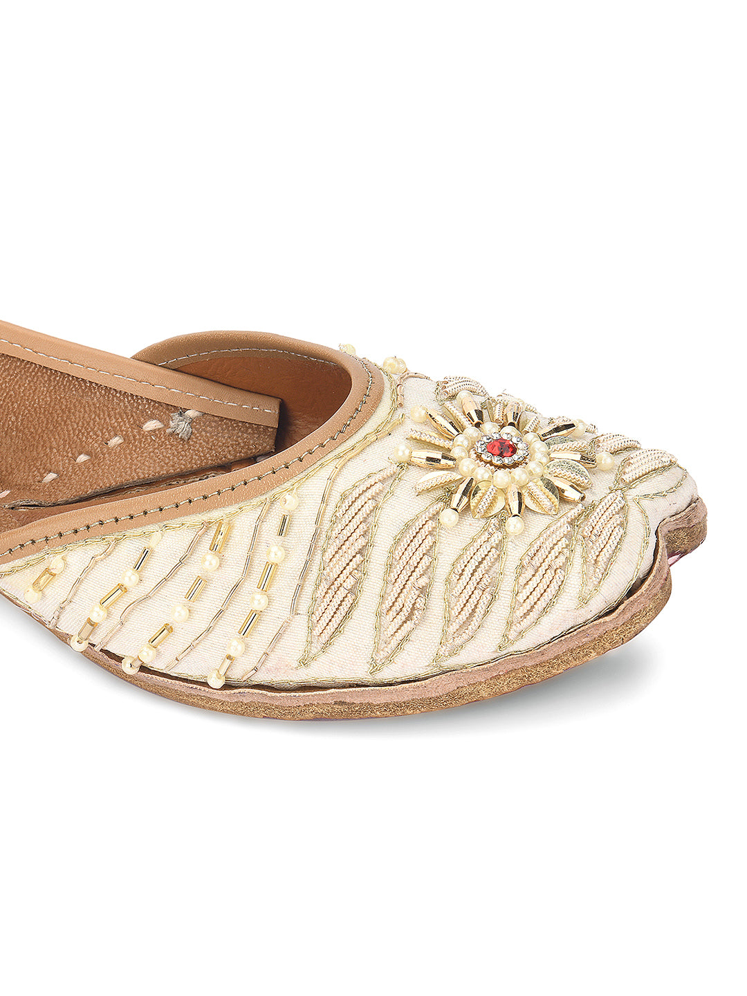 DESI COLOUR Women Off White Embellished Leather Ethnic Mojaris Flats
