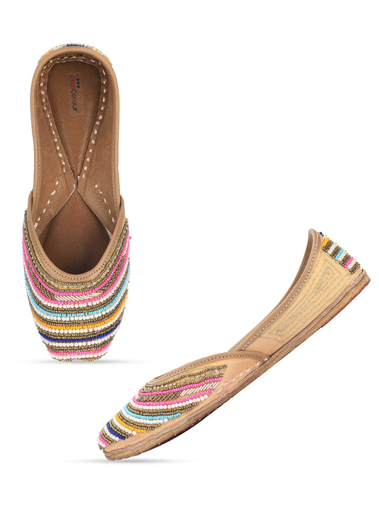 DESI COLOUR Women Gold-Toned Embellished Leather Ethnic Mojaris Flats