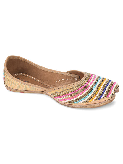 DESI COLOUR Women Gold-Toned Embellished Leather Ethnic Mojaris Flats