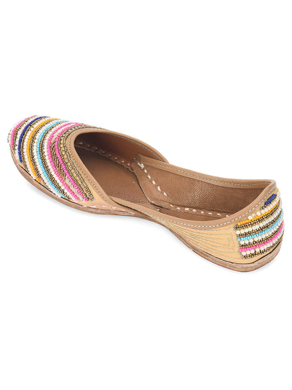 DESI COLOUR Women Gold-Toned Embellished Leather Ethnic Mojaris Flats