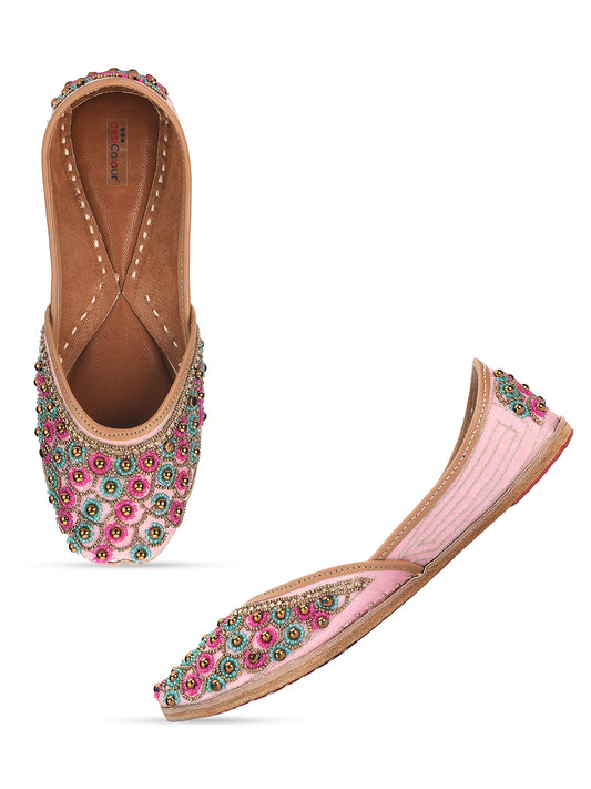 DESI COLOUR Women Pink Embellished Leather Ethnic Mojaris Flats