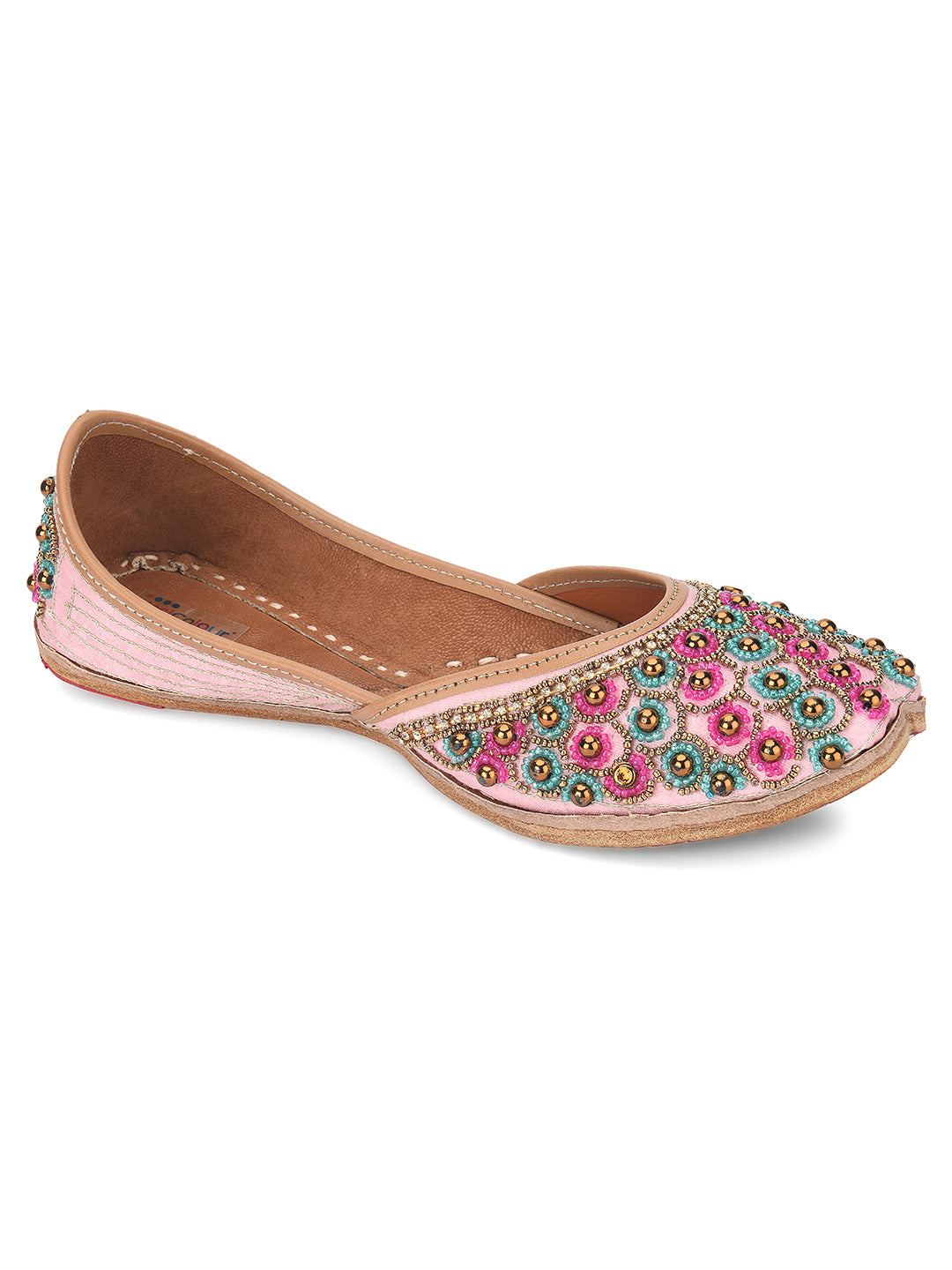 DESI COLOUR Women Pink Embellished Leather Ethnic Mojaris Flats
