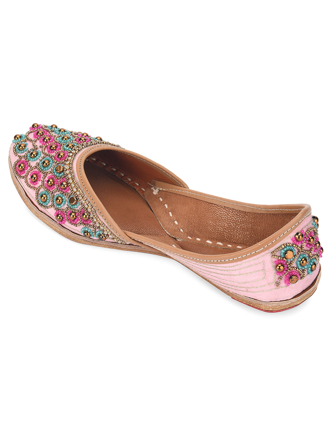 DESI COLOUR Women Pink Embellished Leather Ethnic Mojaris Flats