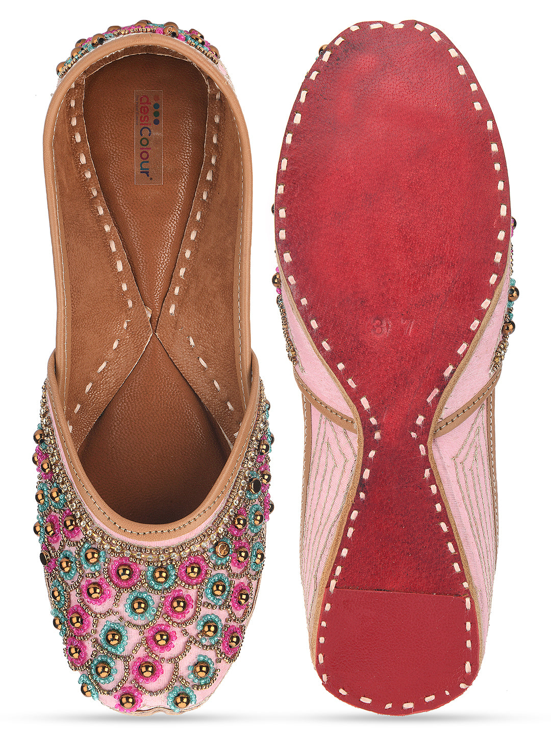 DESI COLOUR Women Pink Embellished Leather Ethnic Mojaris Flats