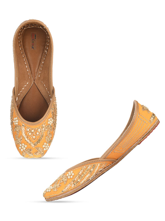 DESI COLOUR Women Mustard Embellished Leather Ethnic Mojaris Flats