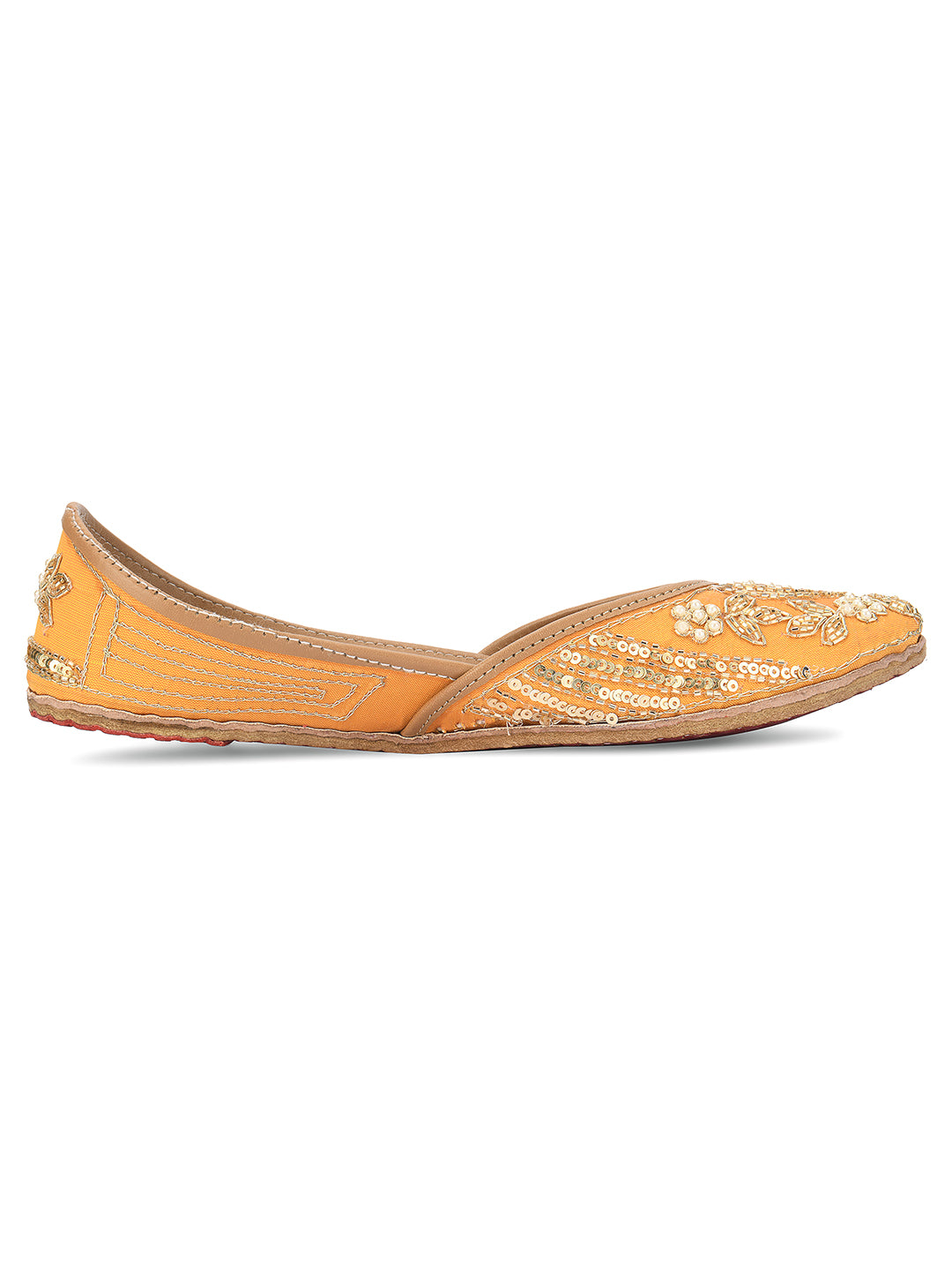 DESI COLOUR Women Mustard Embellished Leather Ethnic Mojaris Flats