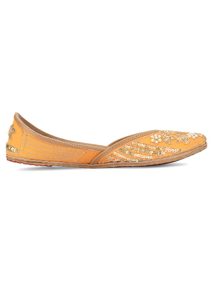DESI COLOUR Women Mustard Embellished Leather Ethnic Mojaris Flats