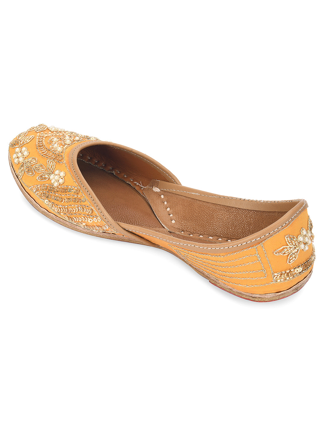 DESI COLOUR Women Mustard Embellished Leather Ethnic Mojaris Flats