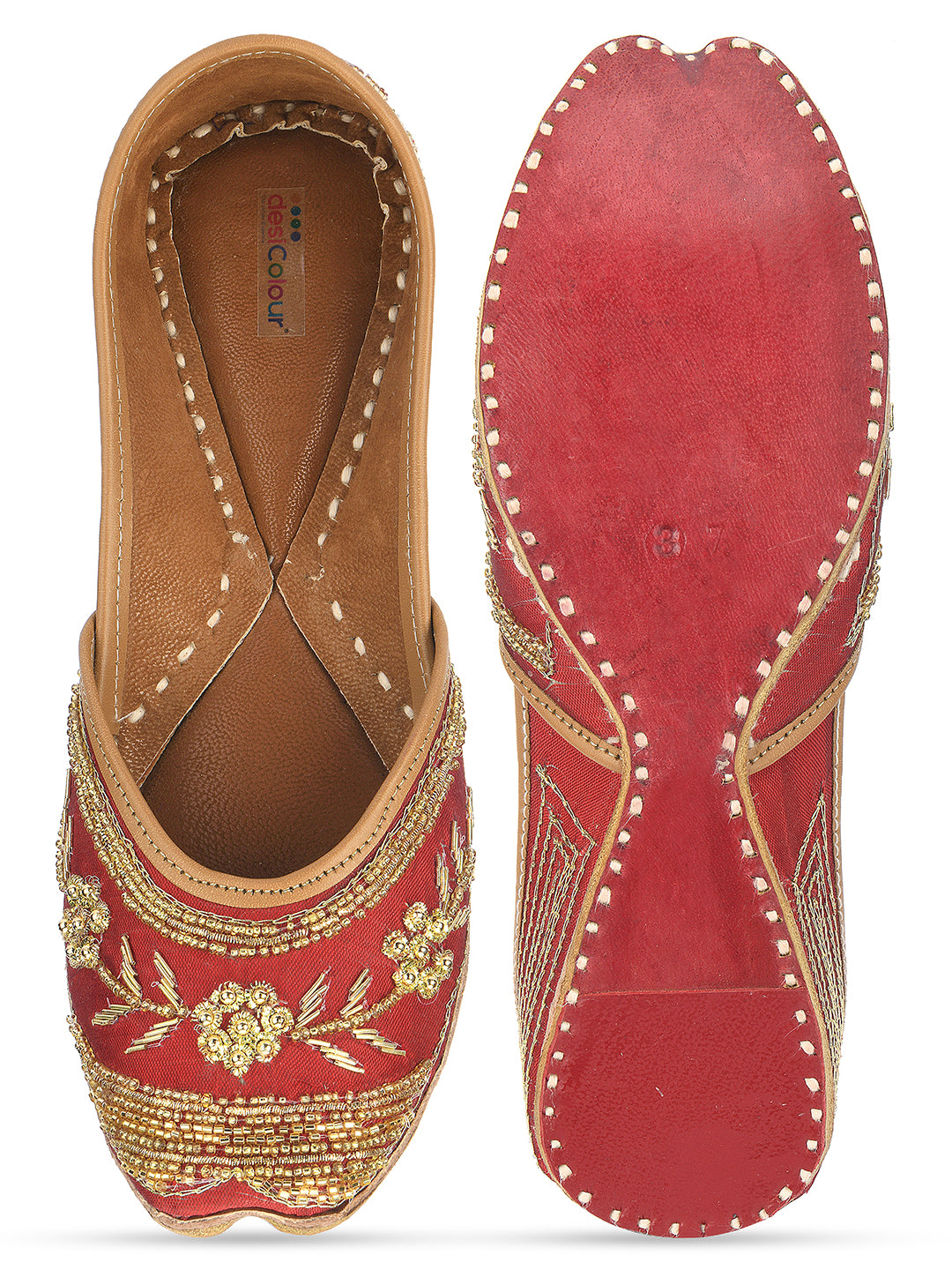 DESI COLOUR Women Maroon Embellished Leather Ethnic Mojaris Flats