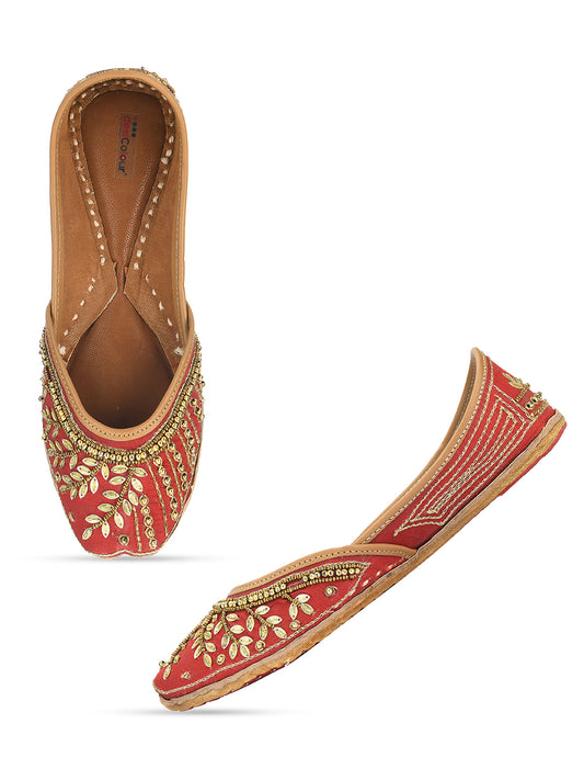 DESI COLOUR Women Red Embellished Leather Ethnic Mojaris Flats