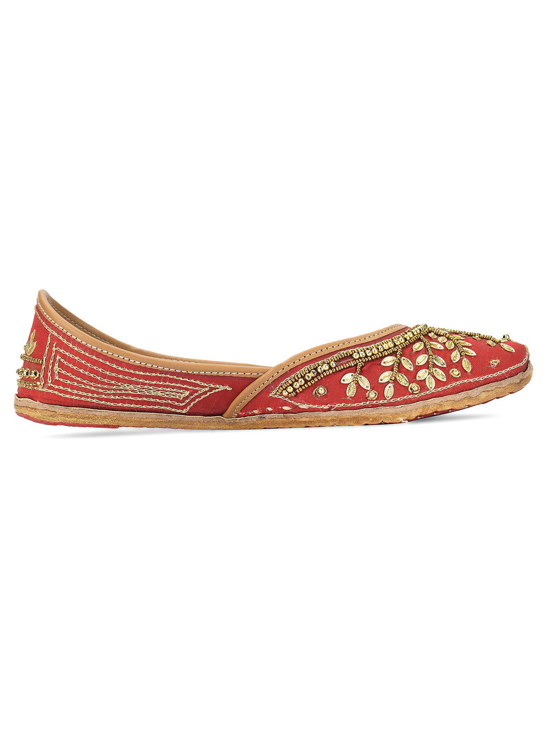 DESI COLOUR Women Red Embellished Leather Ethnic Mojaris Flats