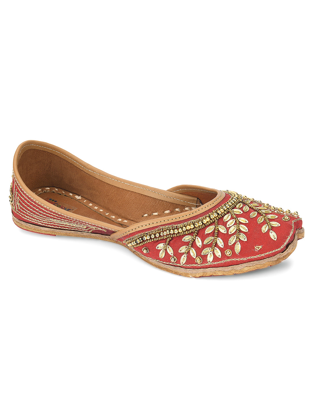 DESI COLOUR Women Red Embellished Leather Ethnic Mojaris Flats