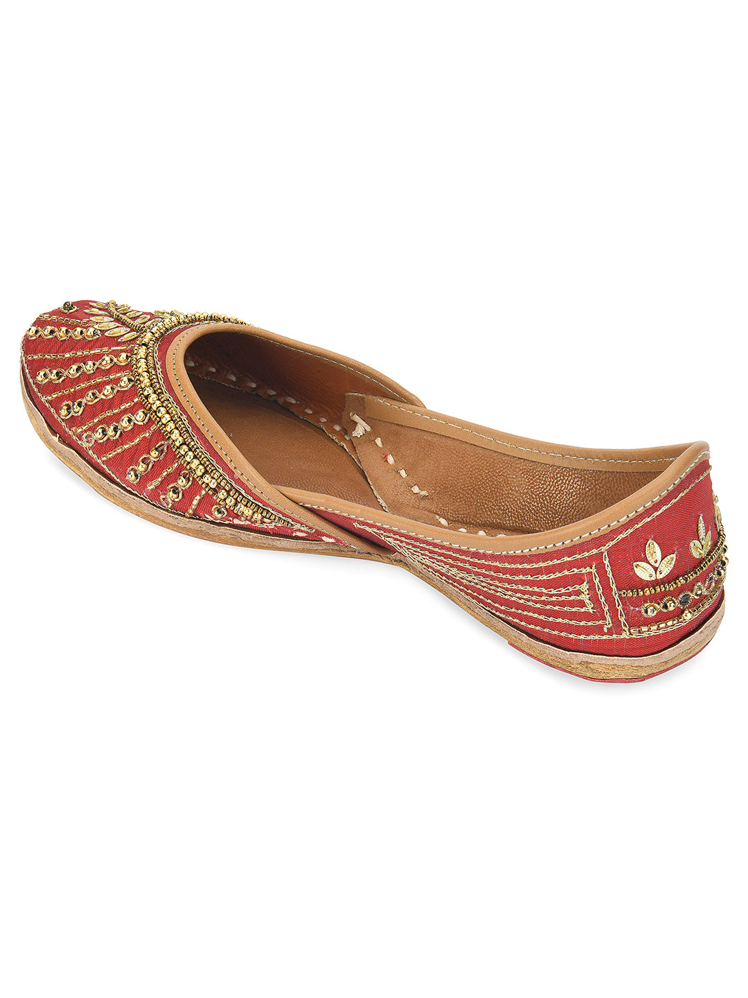 DESI COLOUR Women Red Embellished Leather Ethnic Mojaris Flats