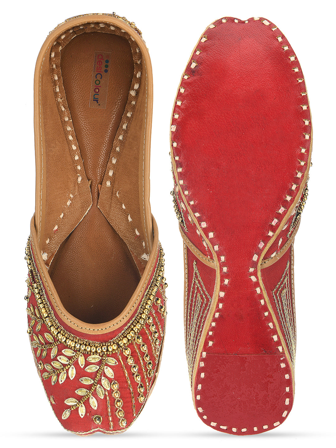 DESI COLOUR Women Red Embellished Leather Ethnic Mojaris Flats