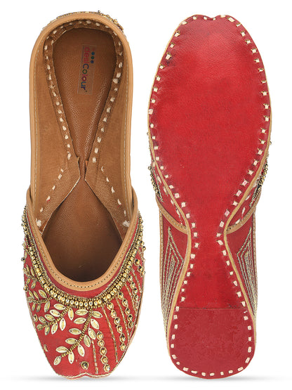 DESI COLOUR Women Red Embellished Leather Ethnic Mojaris Flats