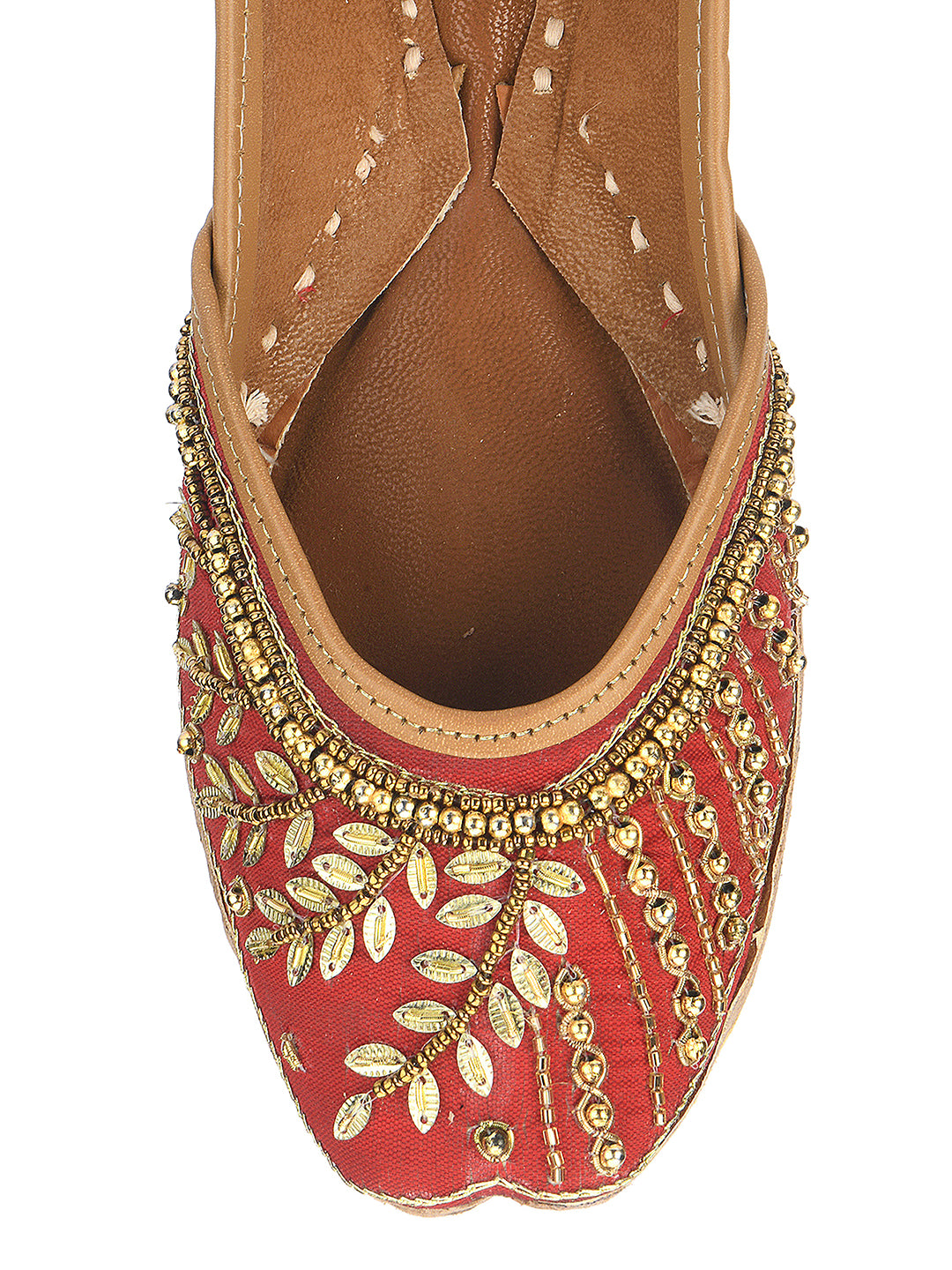 DESI COLOUR Women Red Embellished Leather Ethnic Mojaris Flats