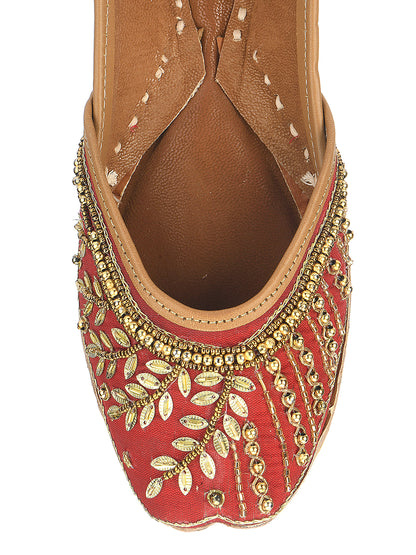 DESI COLOUR Women Red Embellished Leather Ethnic Mojaris Flats