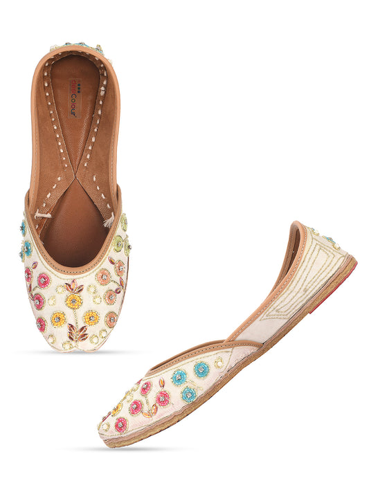 DESI COLOUR Women Off White Embellished Leather Ethnic Mojaris Flats