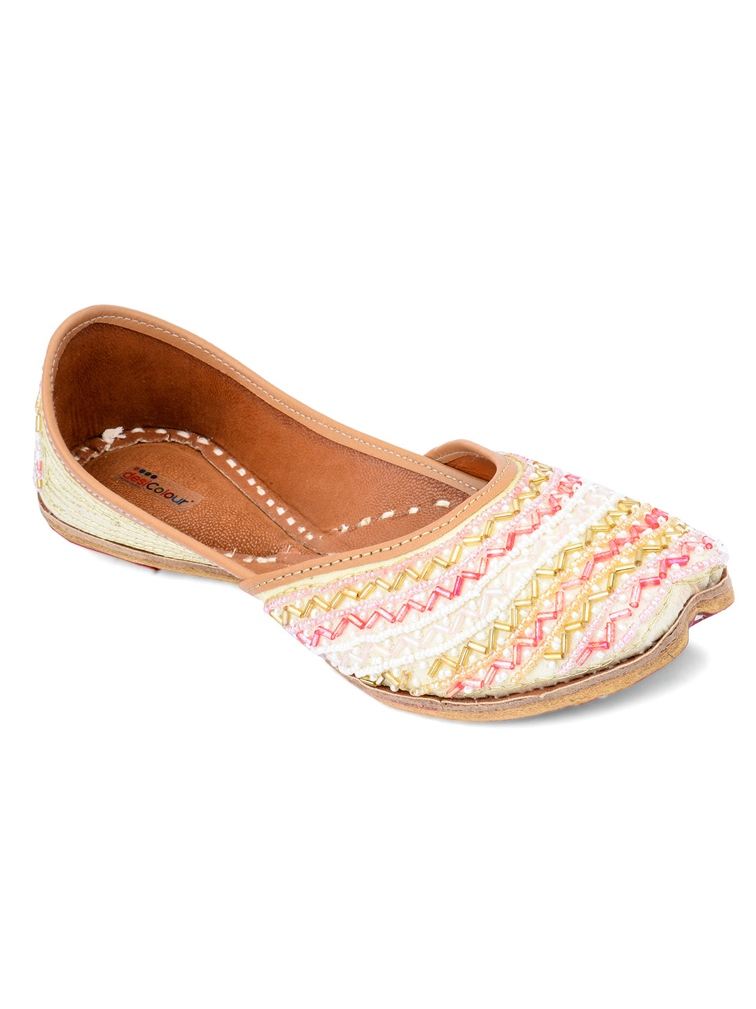 DESI COLOUR Women Gold-Toned Embellished Leather Ethnic Mojaris