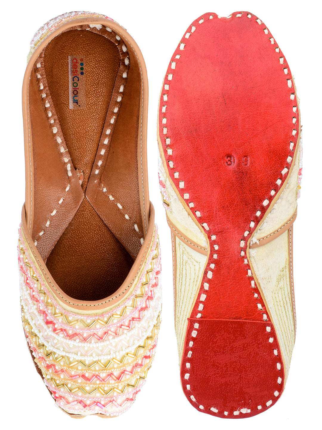 DESI COLOUR Women Yellow Embellished Ethnic Embroidered Leather Mojaris Flats