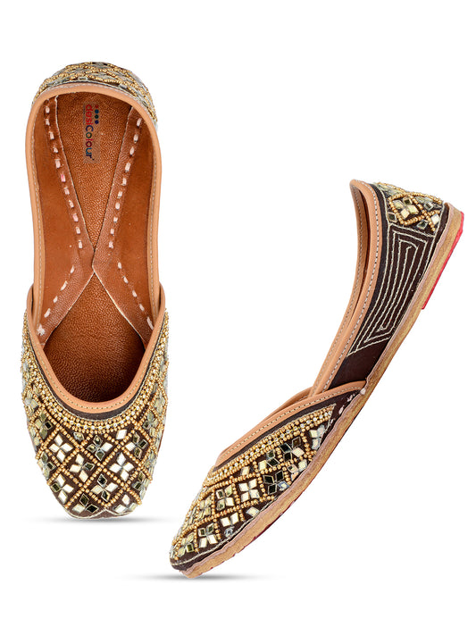 DESI COLOUR Women Copper-Toned Embellished Leather Ethnic Mojaris