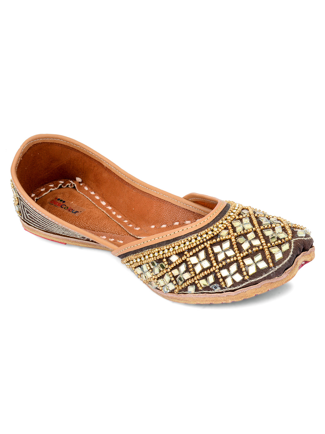 DESI COLOUR Women Copper-Toned Embellished Leather Ethnic Mojaris