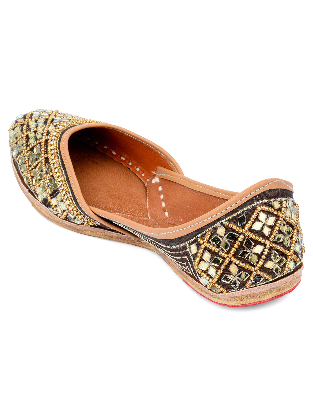 DESI COLOUR Women Copper-Toned Embellished Leather Ethnic Mojaris