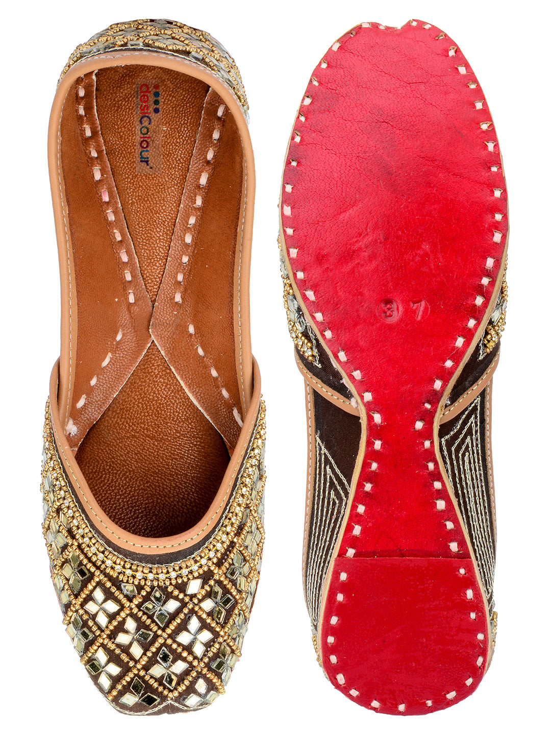 DESI COLOUR Women Copper-Toned Embellished Leather Ethnic Mojaris